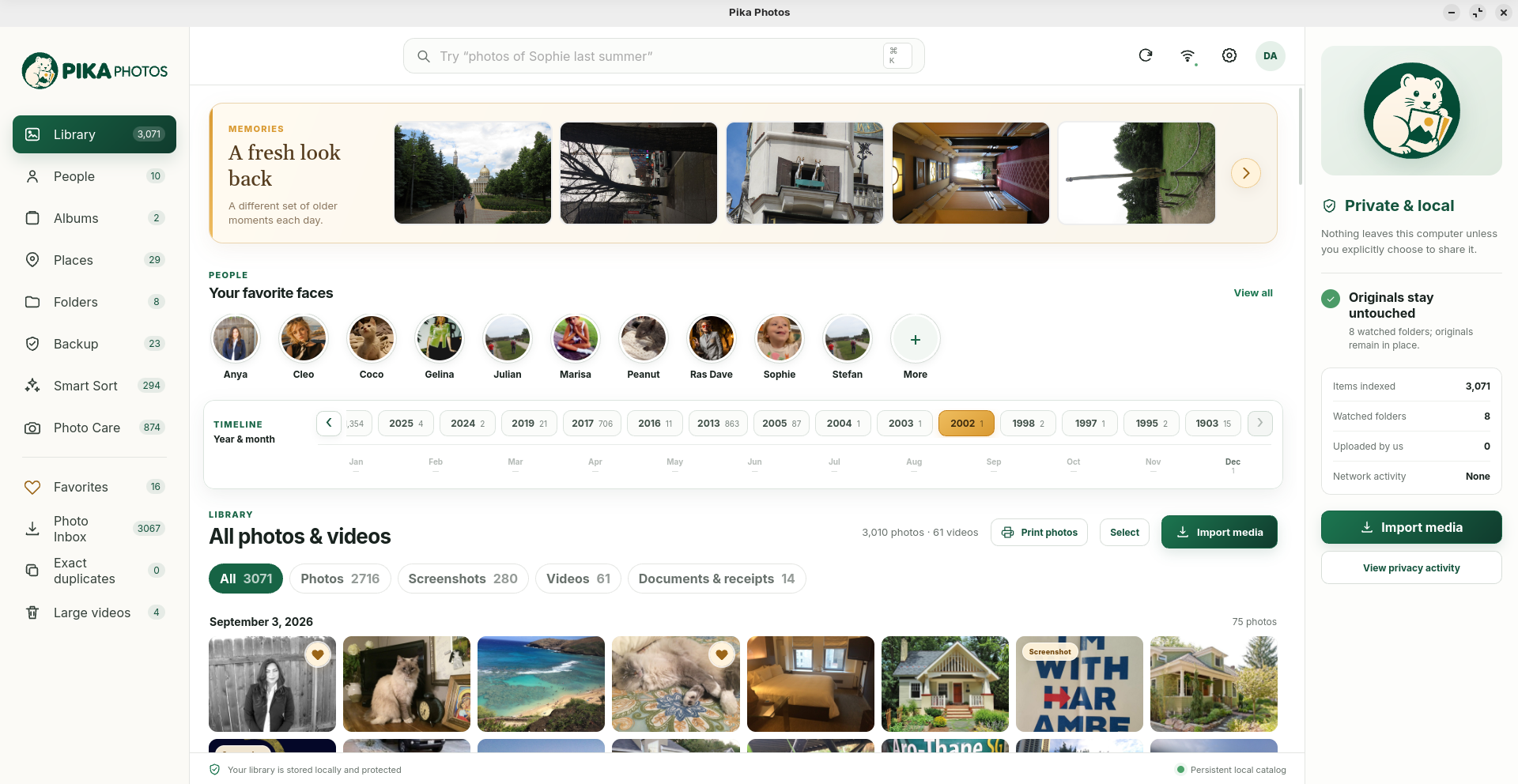 Pika Photos library showing memories, favorite faces, timeline, and a photo grid